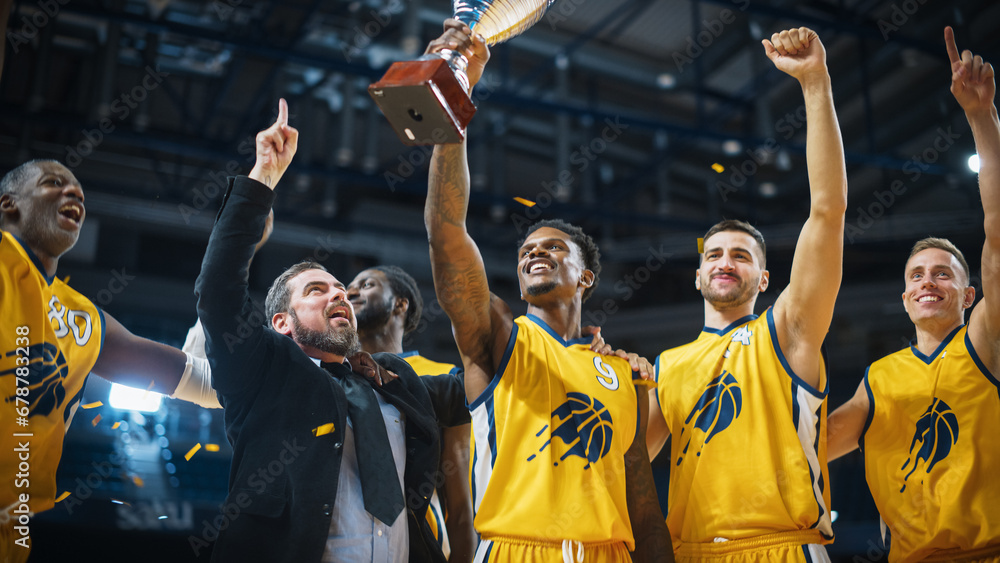 Multiethnic Basketball Players Celebrate Championship Victory with Hugs, Jumping, And Holding the Trophy. Exclusive Joyful Sports Action on Live TV and Pay Per View Internet Streaming Concept. - obrazy, fototapety, plakaty 
