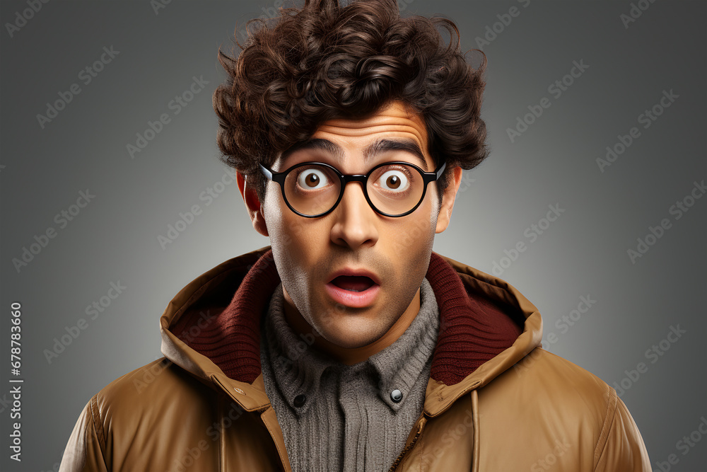 Fototapeta premium Surprised young man in brown jacket and glasses looking at camera. ia generative