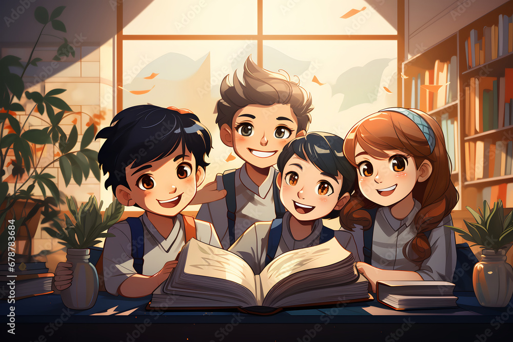 Group of happy students reading books in library. Education concept. Vector illustration. ia generative - obrazy, fototapety, plakaty 
