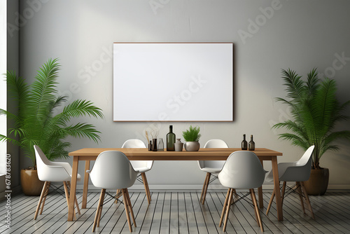Modern dining room interior with empty poster on wall. 3D rendering. ia generative