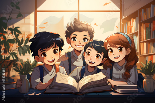 Group of happy students reading books in library. Education concept. Vector illustration. ia generative