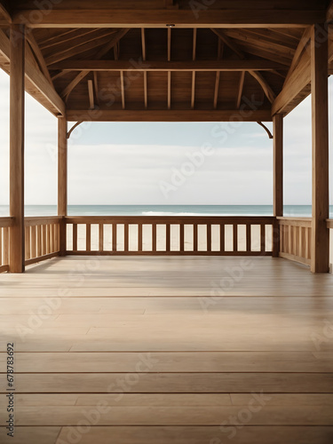 An empty wooden floor situated in a pavilion near the beach  offering views of rolling waves  sandy shores  and distant cliffs  providing a natural and captivating backdrop for product presentations.