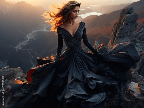 woman with long black hair wearing a black dress in a windy enviroment