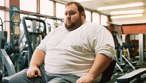 Overweight man in gym  2000-pound character  chubby appearance  fitness journey.