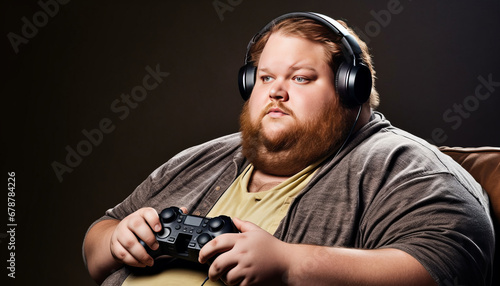 Overweight man gaming, 2000-pound character, chubby appearance, Xbox enthusiast