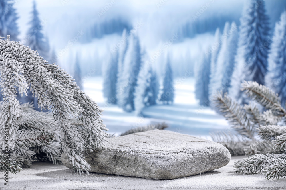 Naklejka premium Desk of free space and winter ladnscape. 