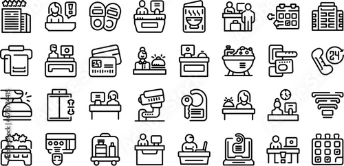 Hotel reception icons set outline vector. Desk lobby service. Counter room