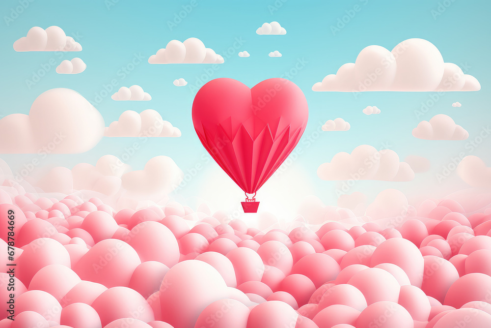 Floating heart balloons in a creamy, minimalist sky create a dreamlike and whimsical atmosphere. Perfect for conveying romantic and joyful sentiments on special occasions.