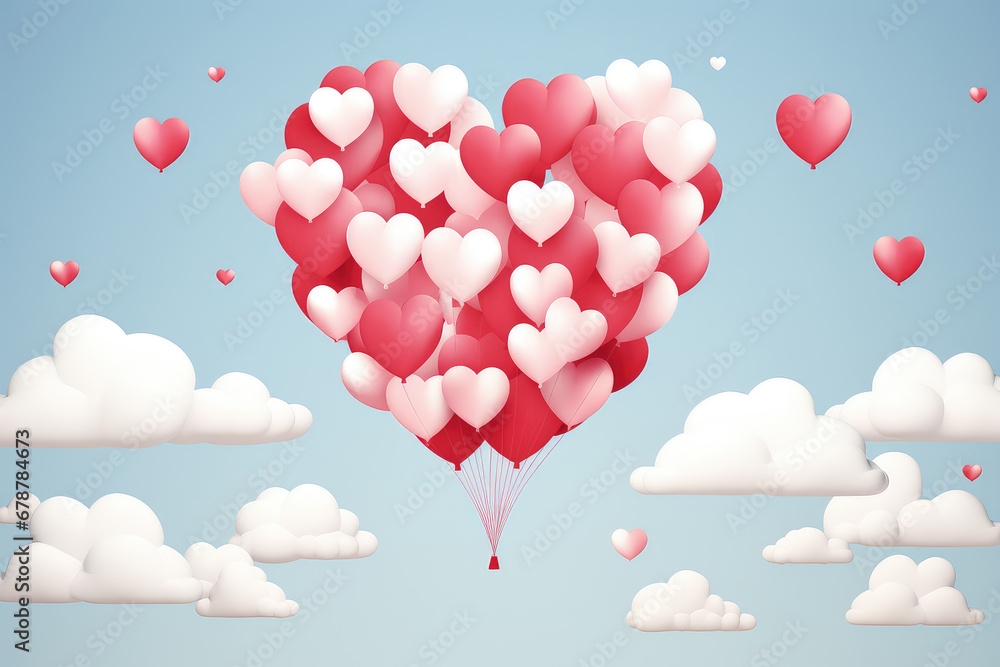 Sky filled with heart-shaped balloons in vibrant red, pink, and white. This minimalist papercut illustration adds a whimsical, love-filled atmosphere perfect for celebrations.