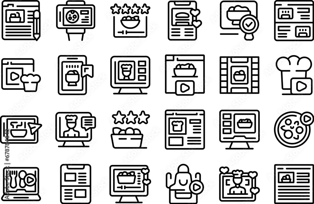 Culinary blog icons set outline vector. Food business. People kitchen cook Culinary blog icons set outline vector. Food business. People kitchen cook
