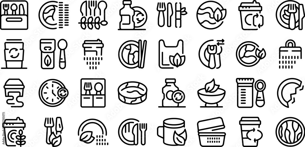 Biodegradable tableware icons set outline vector. Food paper party. Plate eco friendly