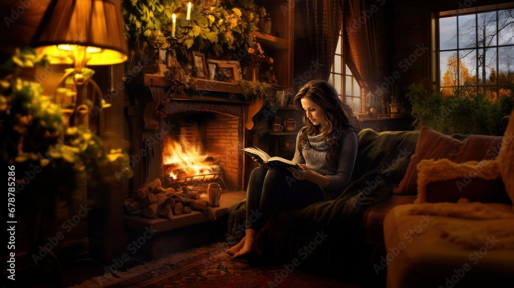 A girl is secluded in a cozy country house cottage, enjoying a moment in village life near the fireplace, reading a book, digital detox retreat