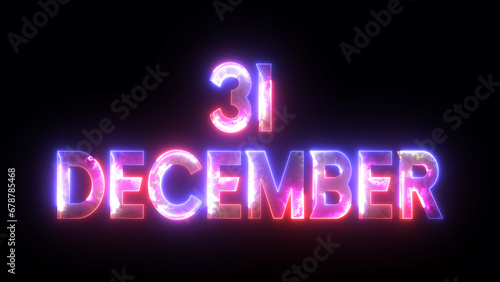 Glowing neon text icon 31 December with particle explosion background photo