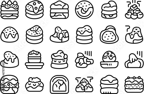 Profiterole icons set outline vector. Eclair food. Cake cooking bakery