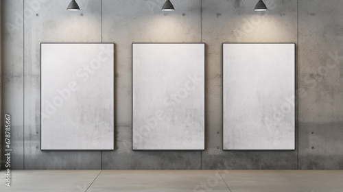 Three Posters on a Concrete Wall Mockup. Modern, gritty backdrop that's perfect for showcasing your artwork, designs, or promotional material in a cool and contemporary environment. photo