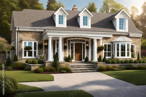 This realistic image focuses on a Georgian style home cottage s entrance  featuring a wooden front door with a gabled porch and landing.
