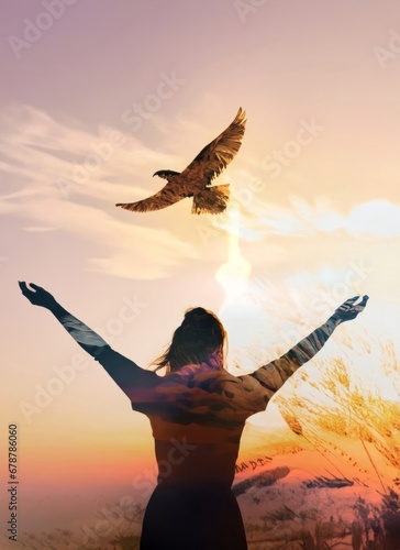 woman in silhouette praying with dove of peace in the background , generated by AI