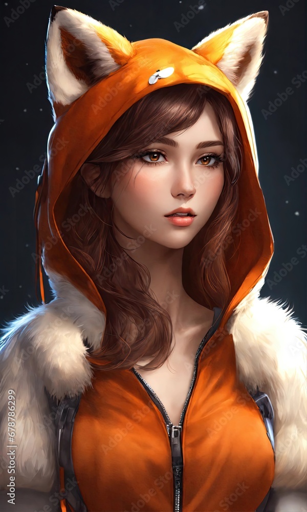 Φωτογραφία Portrait of a beautiful fox girl in an orange fur coat.