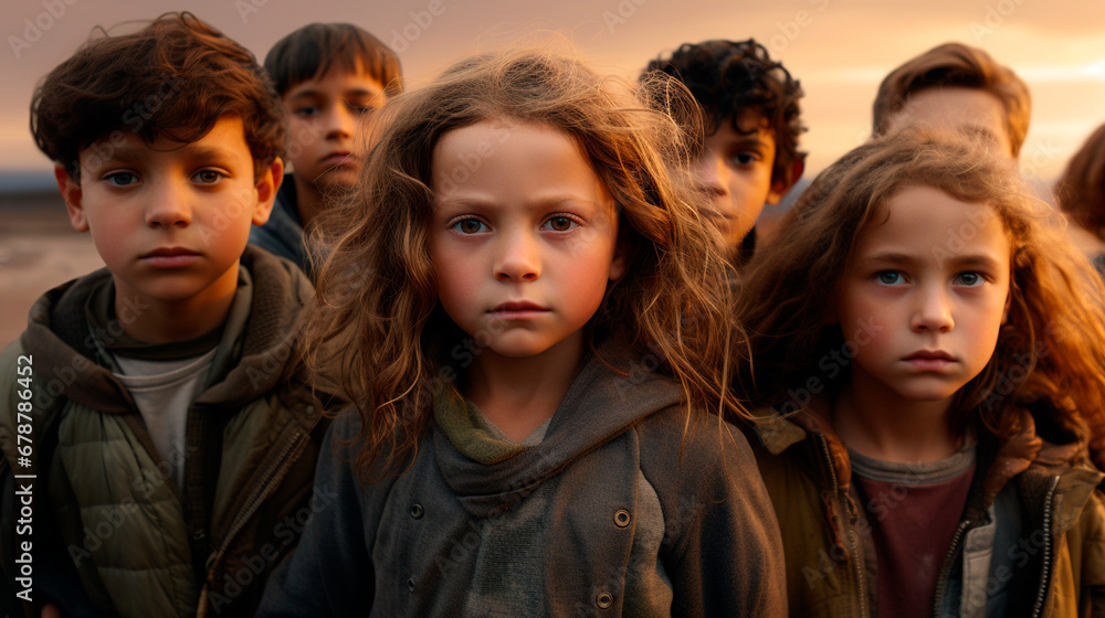 Group of sad, angry children in gray dirty clothes stand on the street