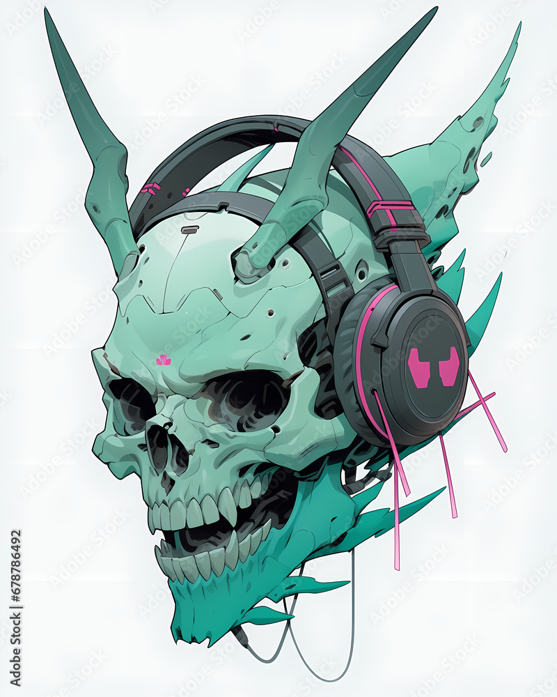Φωτογραφία Sticker of a turquoise fashionable skull with horns in stylish headphones on a white background