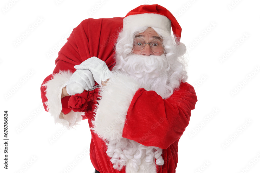 Man in Santa Claus costume with bag posing on white background Man in Santa Claus costume with bag posing on white background