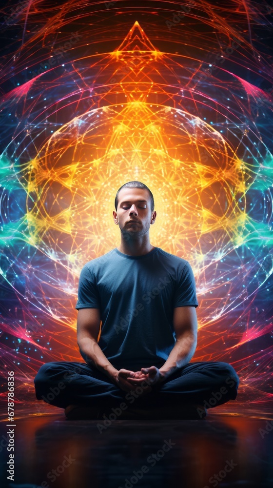 A yooung man in a meditative pose surrounded by abstract neon visualizations. A yooung man in a meditative pose surrounded by abstract neon visualizations.