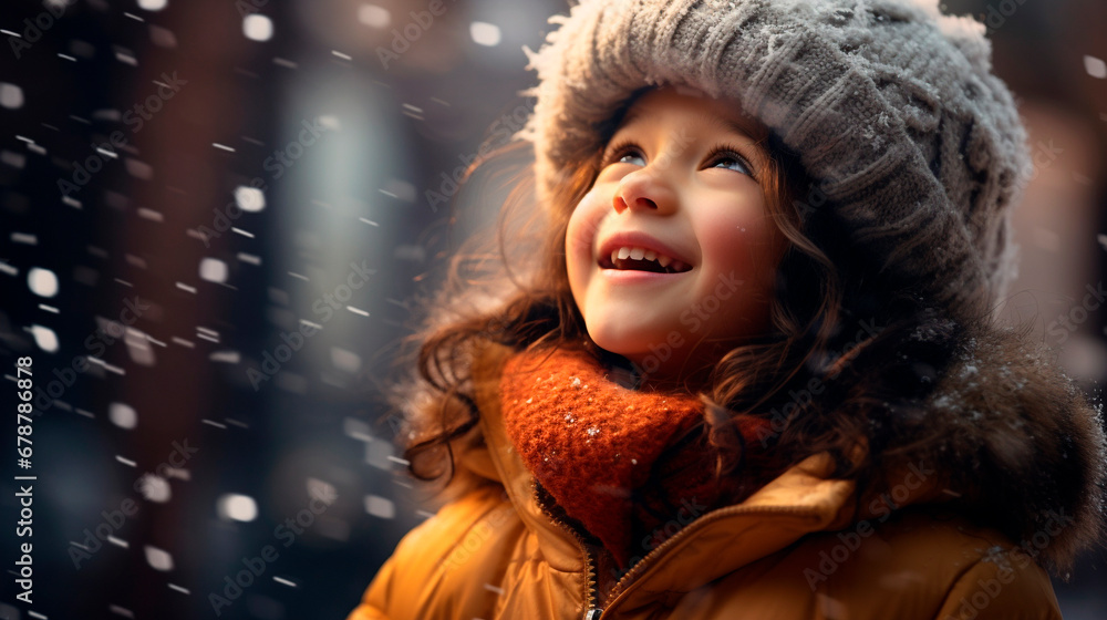 A little girl in a large warm hat looks at the snow falling from the sky, close-up A little girl in a large warm hat looks at the snow falling from the sky, close-up