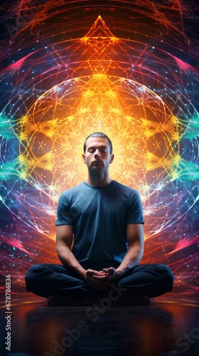 A yooung man in a meditative pose surrounded by abstract neon visualizations.