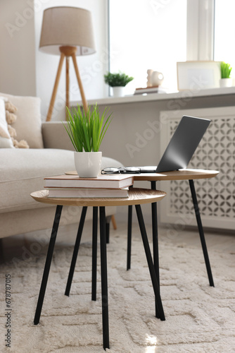 Potted artificial plant  laptop and books on wooden nesting tables indoors