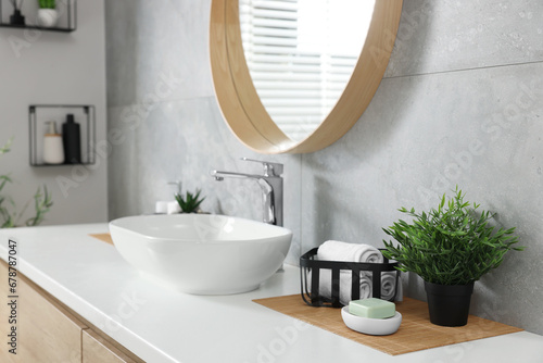 Potted artificial plant  rolled towels and soap near sink on bathroom vanity