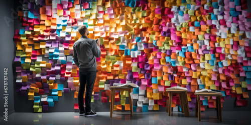human and cute artificial intelligence putting colorful sticky notes on the wall generative ai #678787442