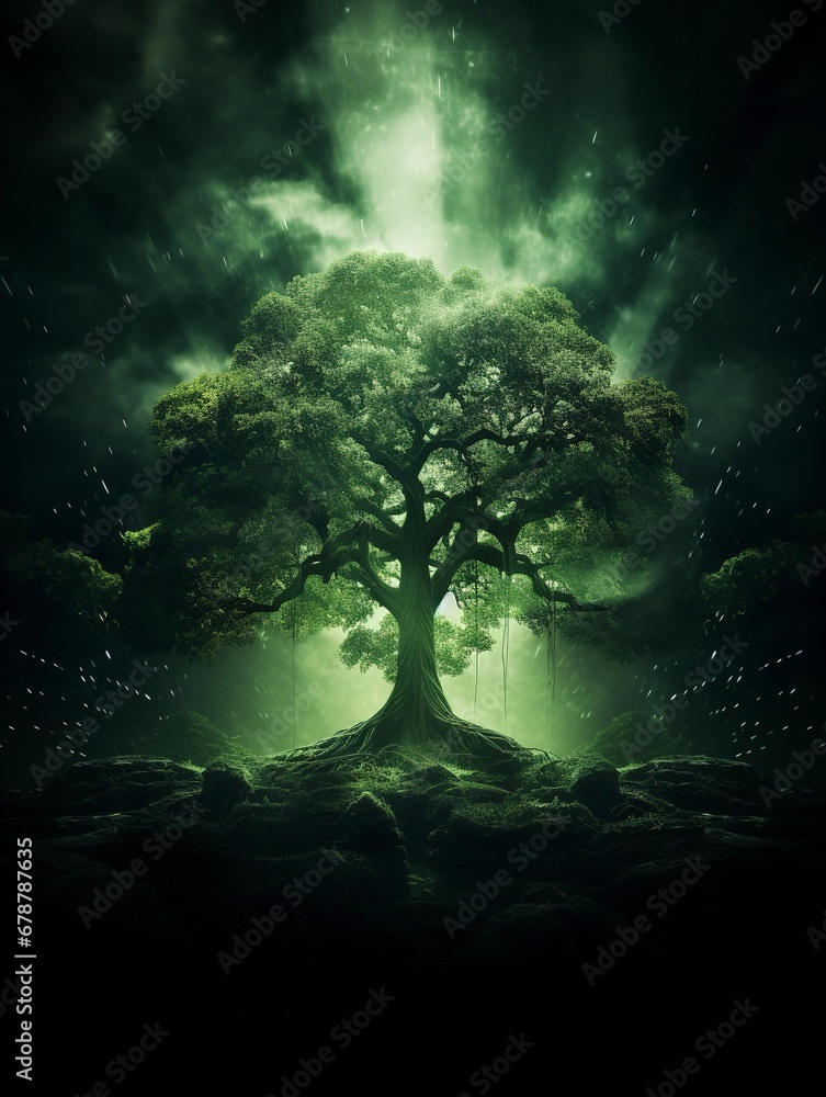 Big green tree poster, long exposure photography, generative ai Big green tree poster, long exposure photography, generative ai