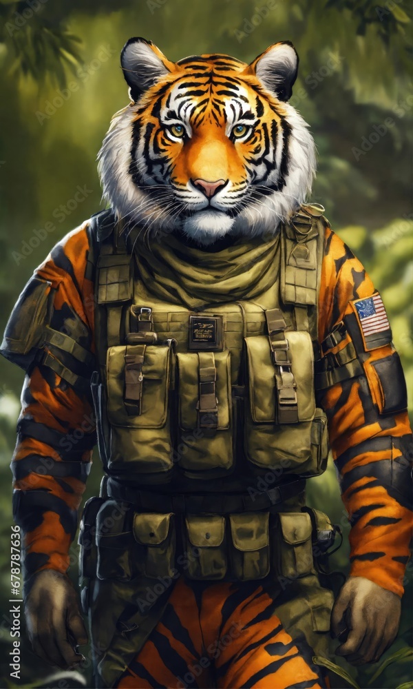 Tiger in a military suit with a backpack on his back.
