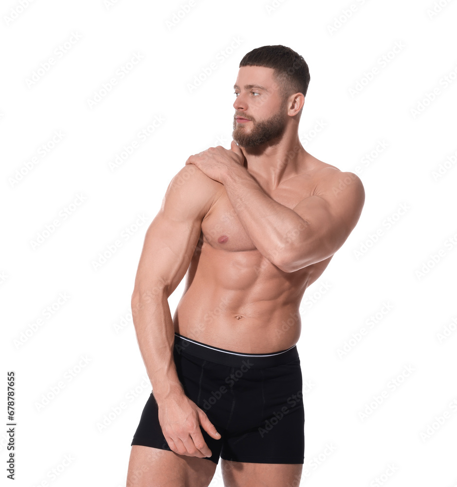 Young man is stylish black underwear on white background