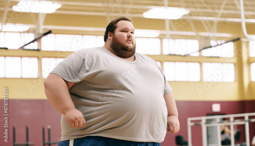 Overweight man in gym, 2000-pound character, chubby appearance, fitness journey.generative ai