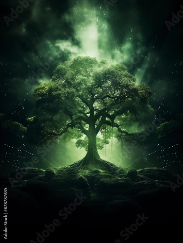 Big green tree poster, long exposure photography, generative ai © Nia™