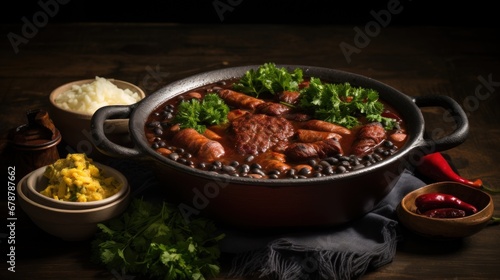 Feijoada typical classic carnival dishes. Traditional Brazilian food made with a hearty stew of black beans, pork and salt beef