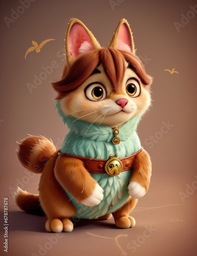 Cute cartoon cat with a collar sitting on a brown background. 