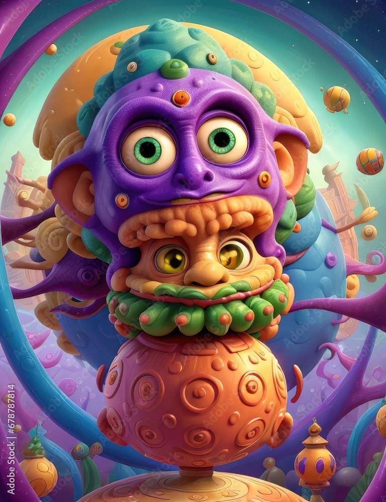 Cute cartoon monster on colorful background. Fantasy illustration for children.
