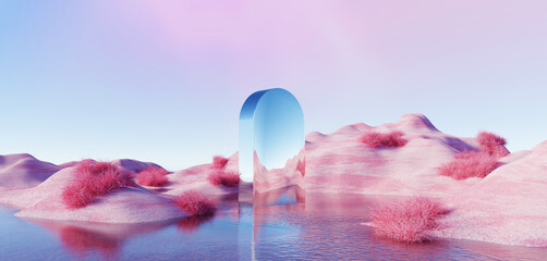 Fototapete Lila 3d Render, Abstract Surreal pastel landscape background with arches and podium for showing product, panoramic view, Colorful dune scene with copy space, blue sky and cloudy, Minimalist decor design  © TANATPON
