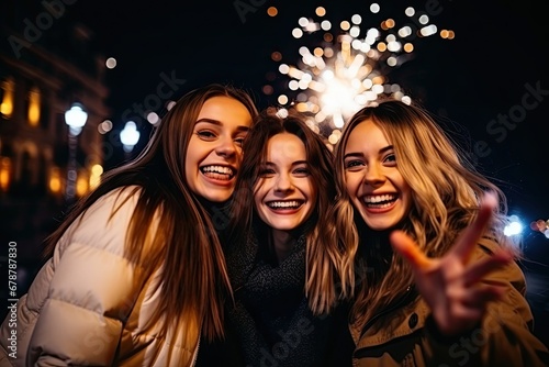 Three beautiful young women with sparklers in the city at night.