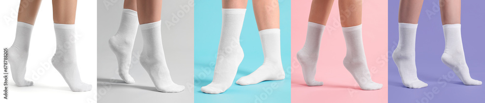 Women in stylish white socks on color backgrounds, collection of photos Women in stylish white socks on color backgrounds, collection of photos