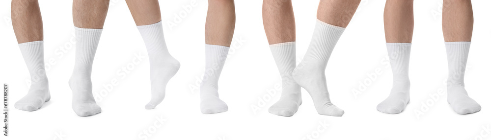 Men in stylish socks on white background, collection of photos