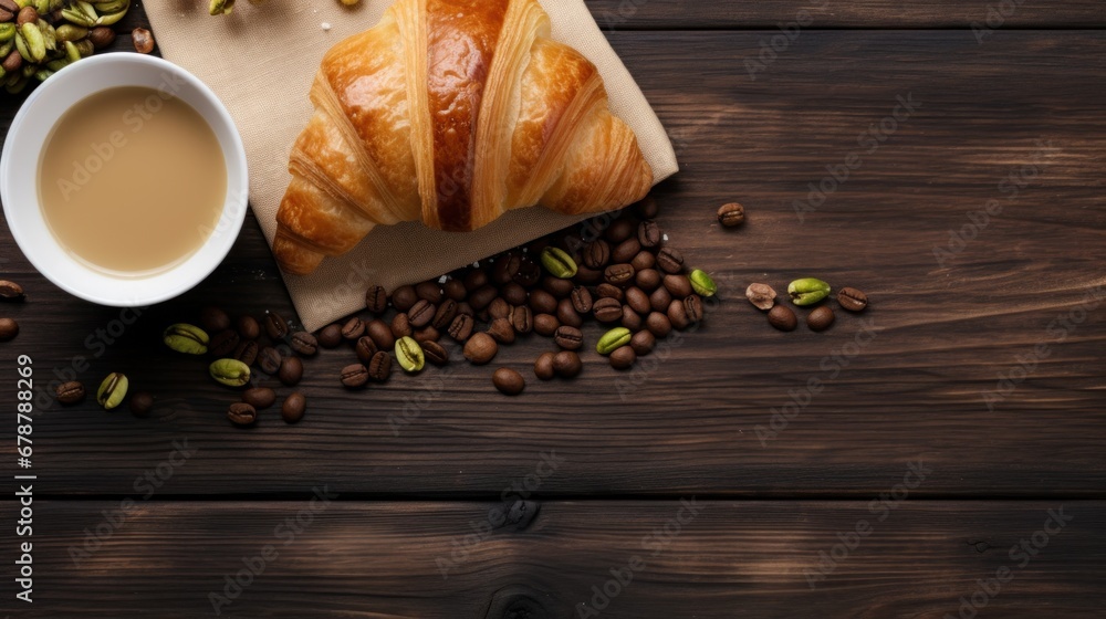 A delicious pistachio croissant on a white plate and a white cup of black coffee at the wooden table of a coffee shop. Wood background. Copyspace