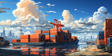 Dynamic port logistics banner with cargo containers.