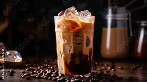Cold coffee with ice cubes in a glass glass with cream and roasted beans on a black background, Refreshing morning drink in a cafe from a barista