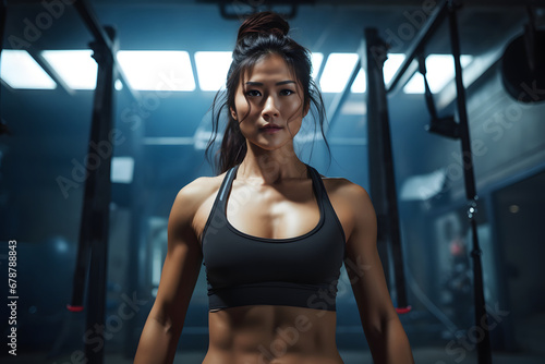 Asian fit woman in sports clothes in the gym