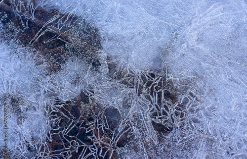 The texture of the ice on the pond in winter. Close-up