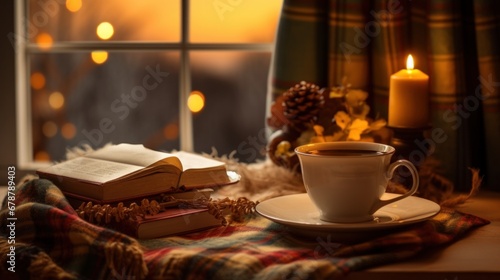 Hot cocoa drink or chocolate stand on the table near the window and books and a checkered blanket, cozy evening at home, twilight privacy, digital detox relaxation after work photo