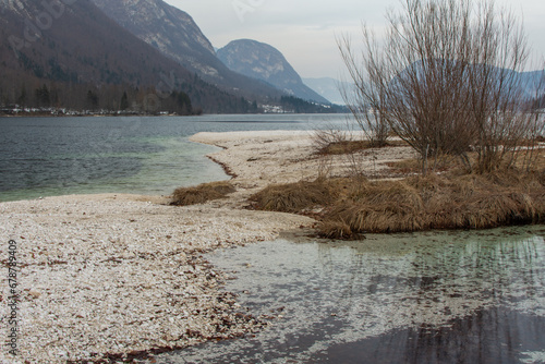 The shore of a lake in the winter. Lake Bohinj, Slovenia